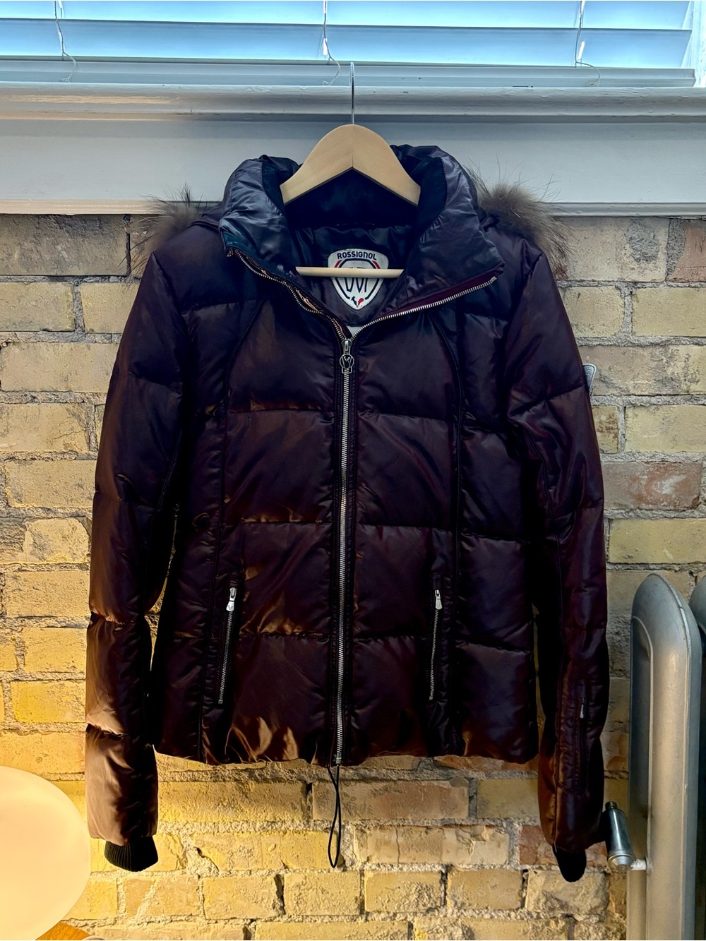 Rossignol Women's Shiny Dark Burgundy Quilted Puffer with Faux-Fur Trim Hood